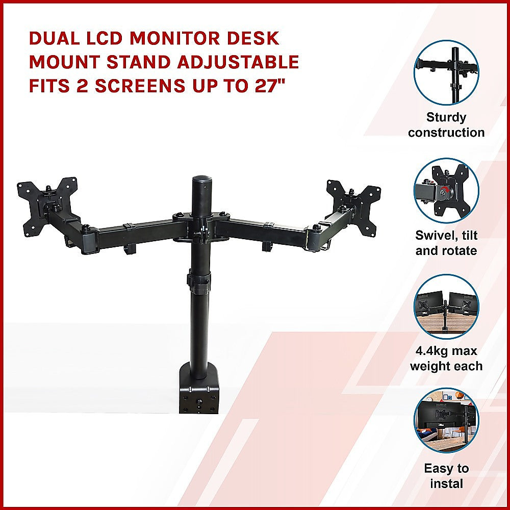 Dual LCD Monitor Desk Mount Stand Adjustable Fits 2 Screens Up To 27"