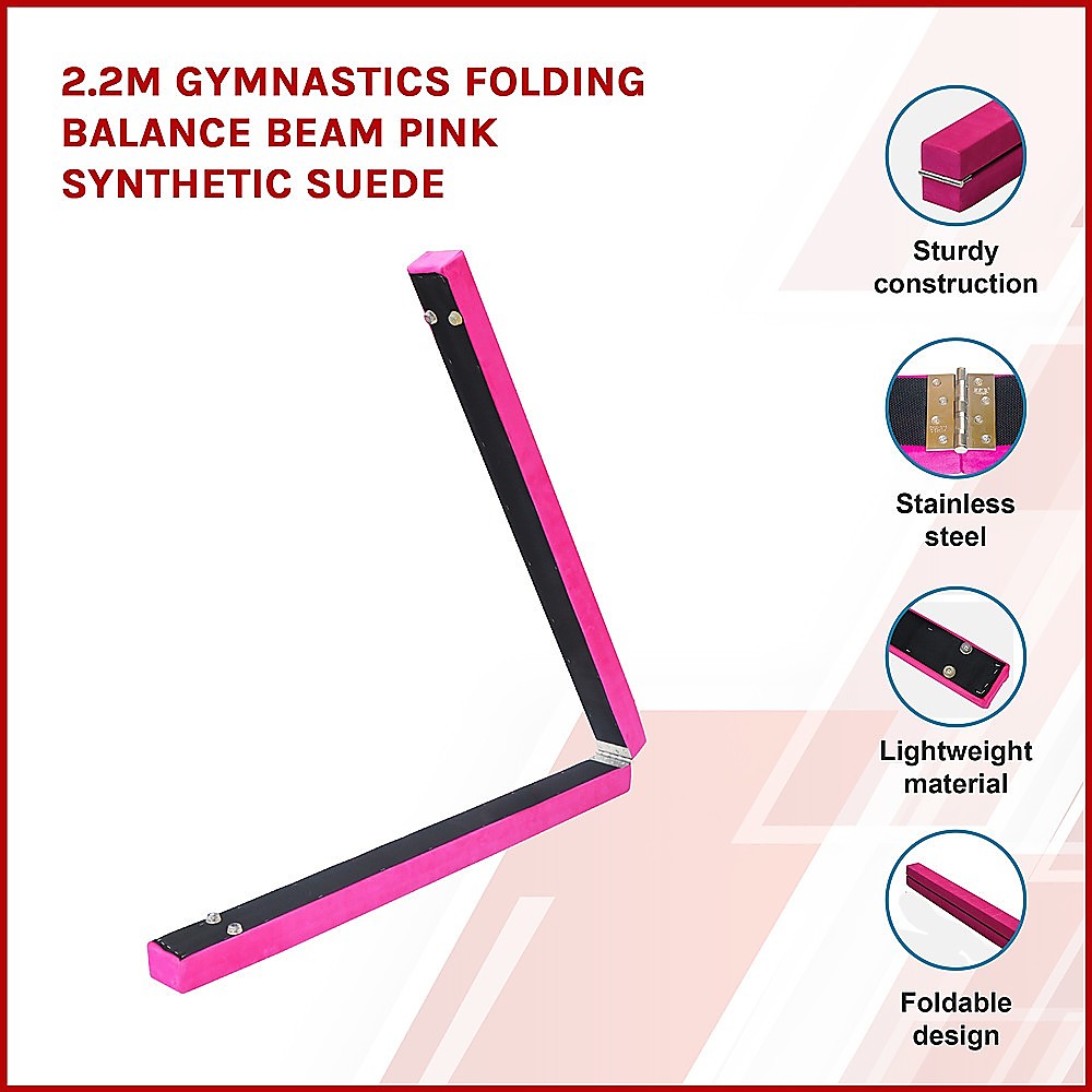 2.2m Gymnastics Folding Balance Beam Pink Synthetic Suede