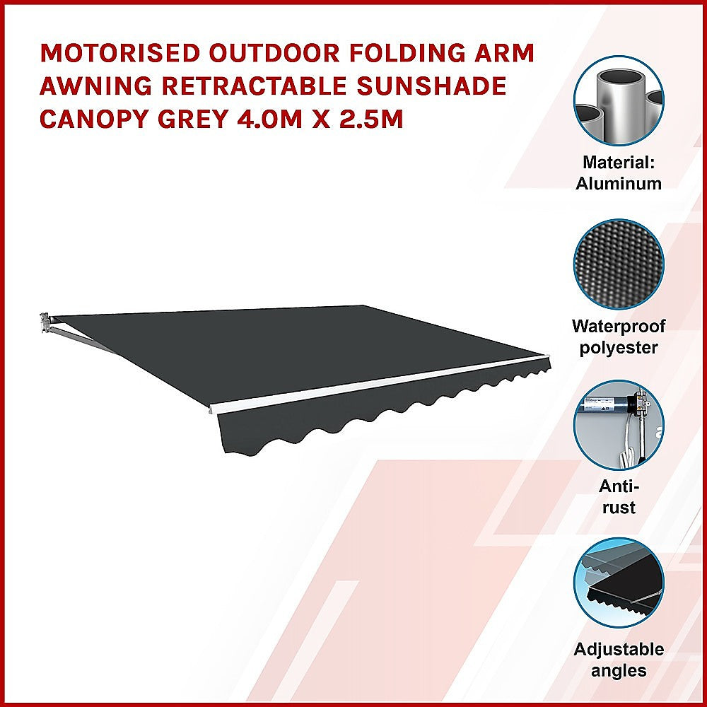 Motorised Outdoor Folding Arm Awning Retractable Sunshade Canopy Grey 4.0m x 2.5m