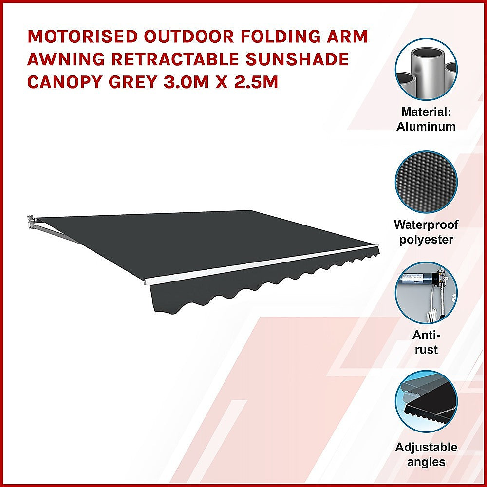 Motorised Outdoor Folding Arm Awning Retractable Sunshade Canopy Grey 3.0m x 2.5m