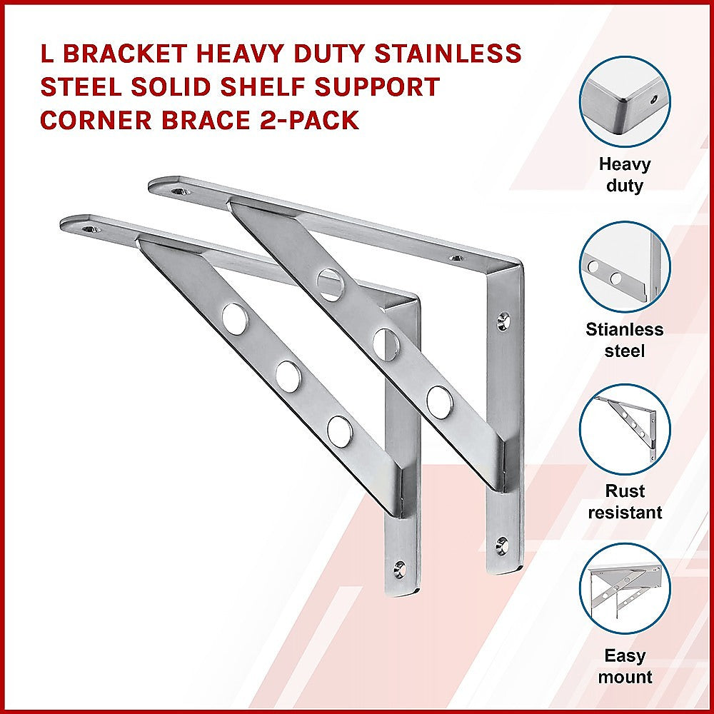 L Bracket Heavy Duty Stainless Steel Solid Shelf Support Corner Brace 2-Pack