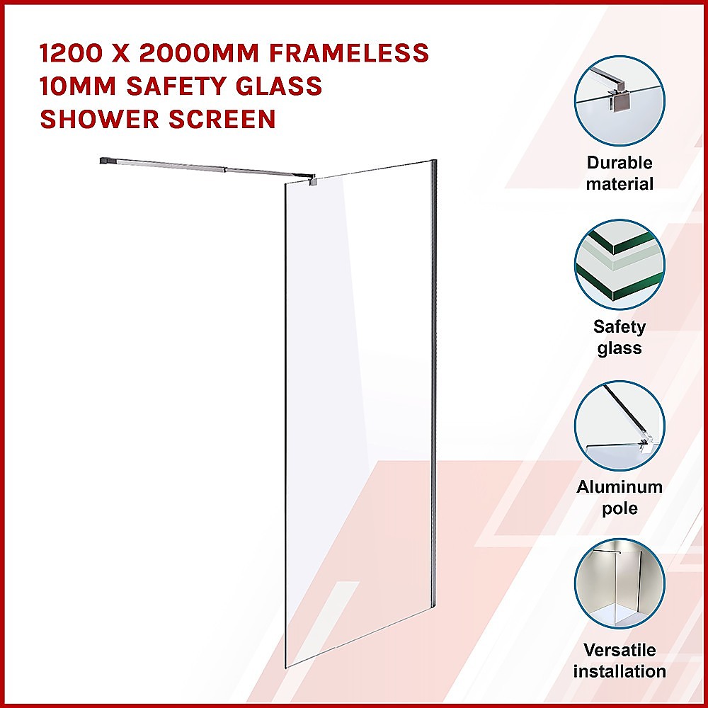 1000 x 2100mm Frameless 10mm Safety Glass Shower Screen