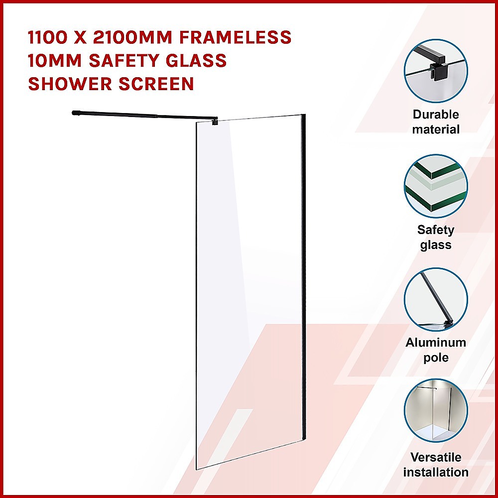 1000 x 2100mm Frameless 10mm Safety Glass Shower Screen