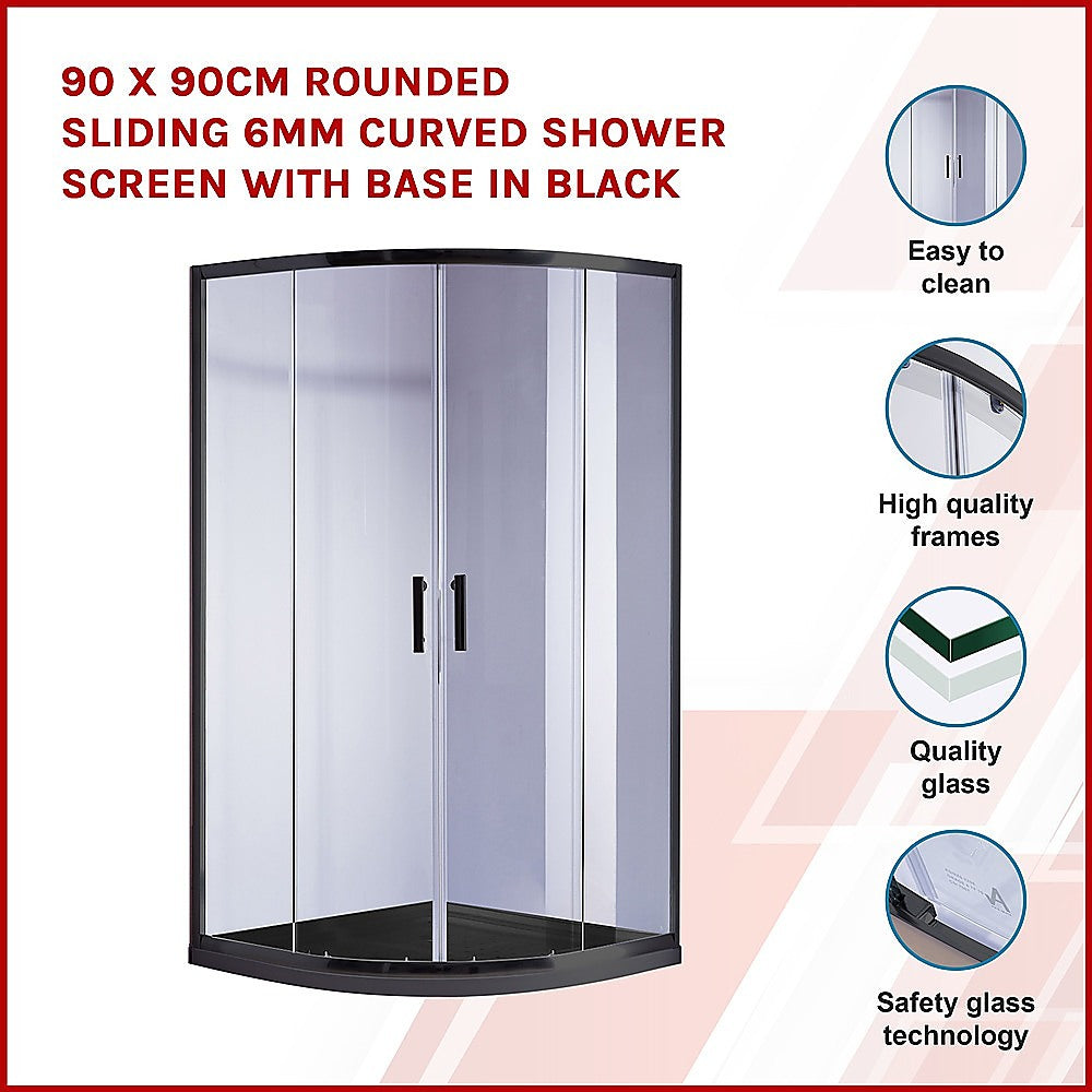 90 x 90cm Rounded Sliding 6mm Curved Shower Screen with Base in Black