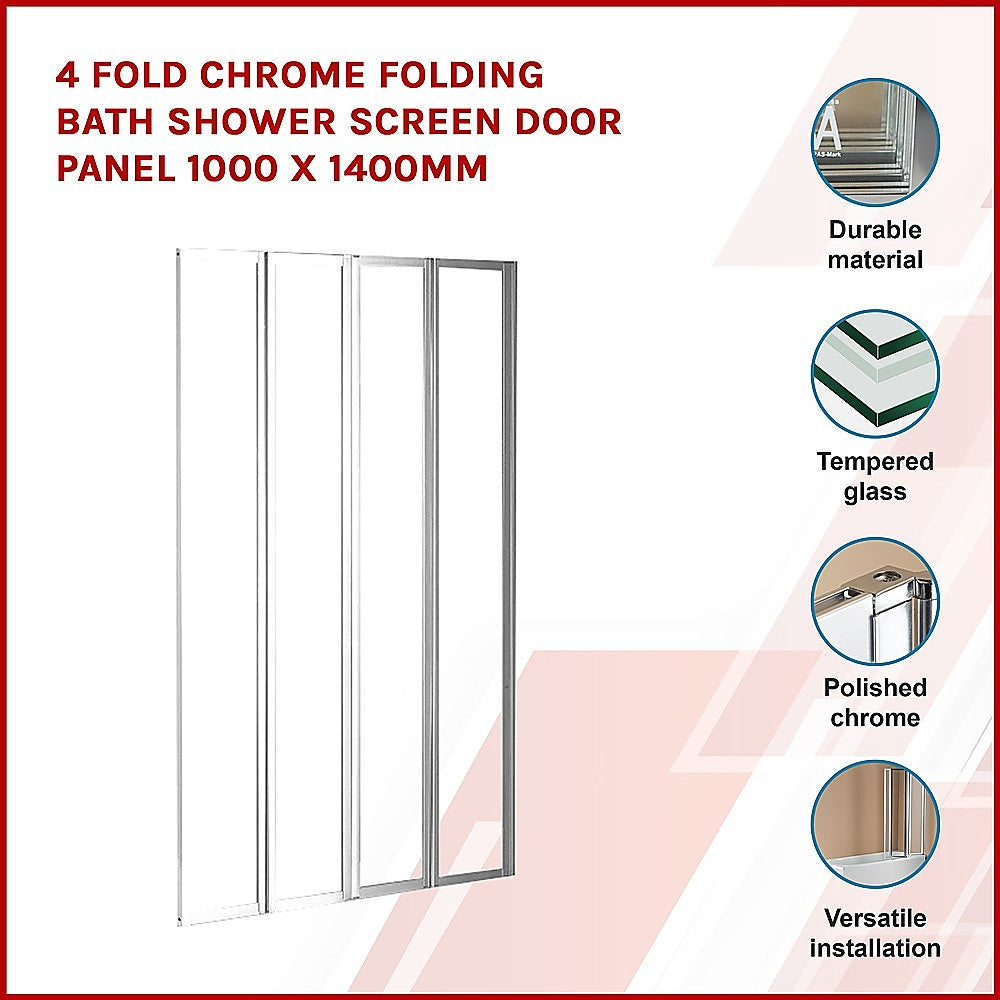 4 Fold Chrome Folding Bath Shower Screen Door Panel 1000 x 1400mm