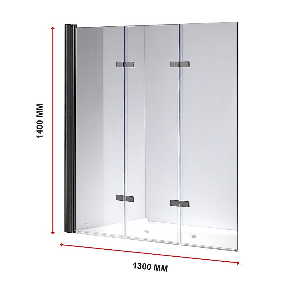 3 Fold Black Folding Bath Shower Screen Door Panel 1300mm x 1400mm