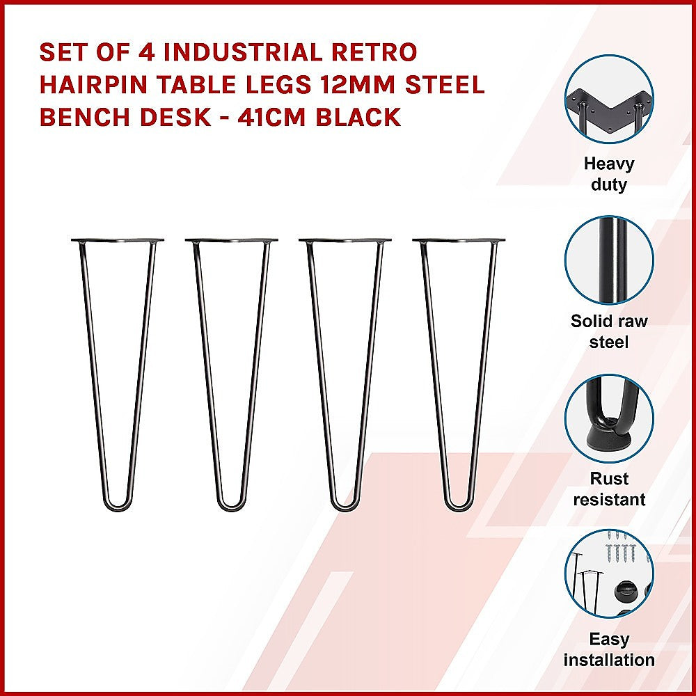 Set of 4 Industrial Retro Hairpin Table Legs 12mm Steel Bench Desk - 41cm Black