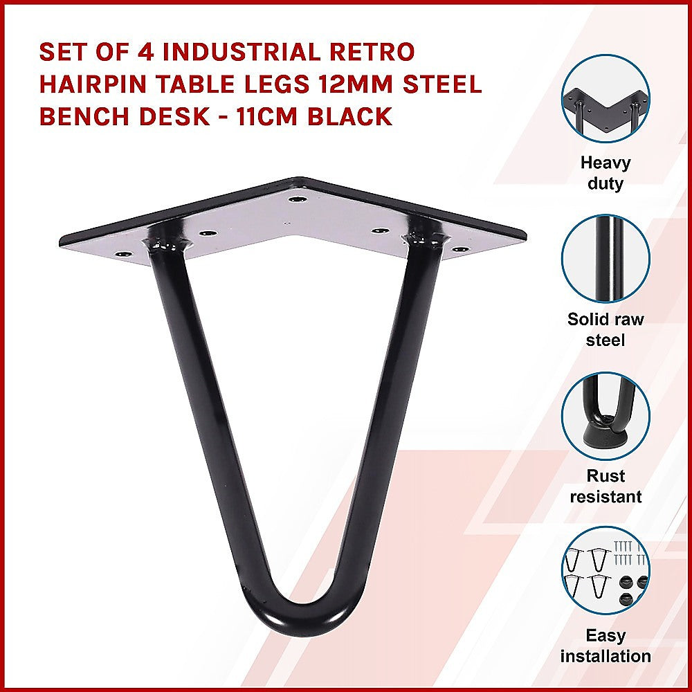 Set of 4 Industrial Retro Hairpin Table Legs 12mm Steel Bench Desk - 11cm Black