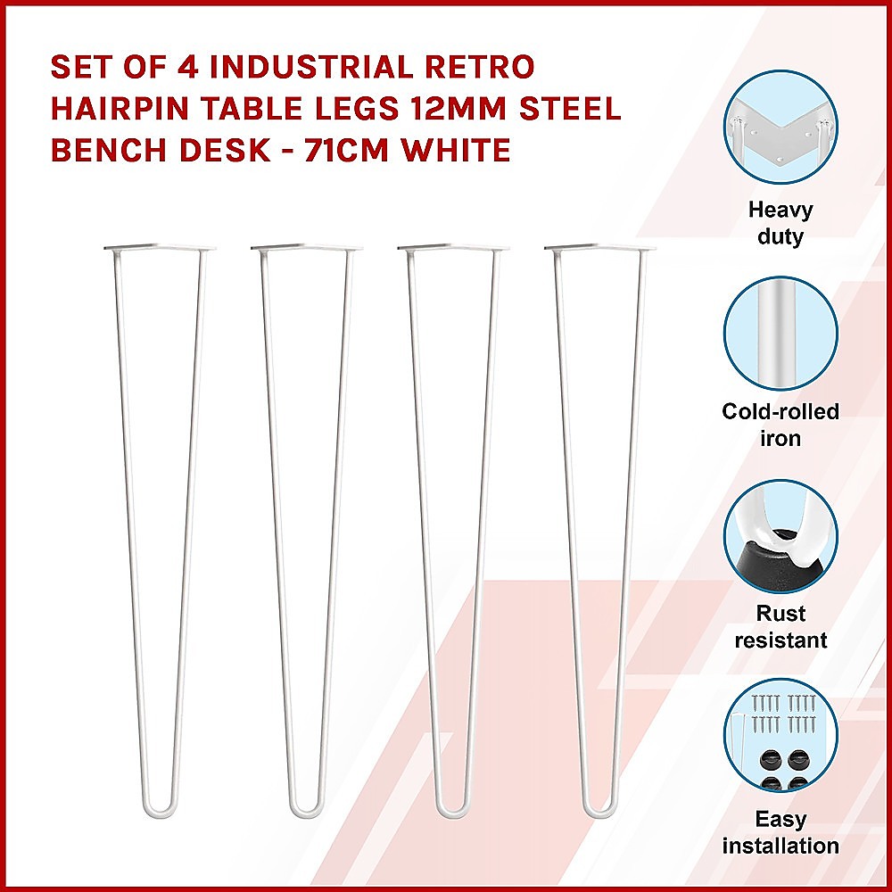 Set of 4 Industrial Retro Hairpin Table Legs 12mm Steel Bench Desk - 71cm White