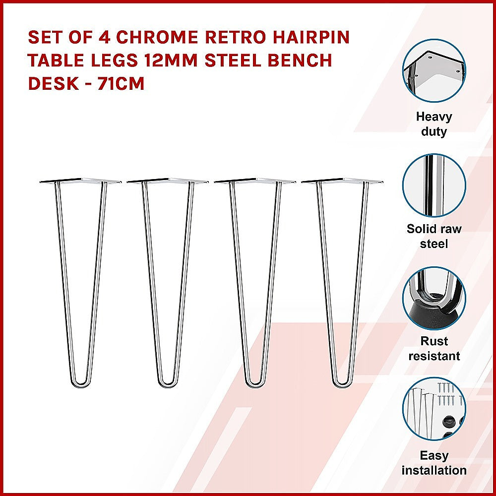 Set of 4 Chrome Retro Hairpin Table Legs 12mm Steel Bench Desk - 71cm