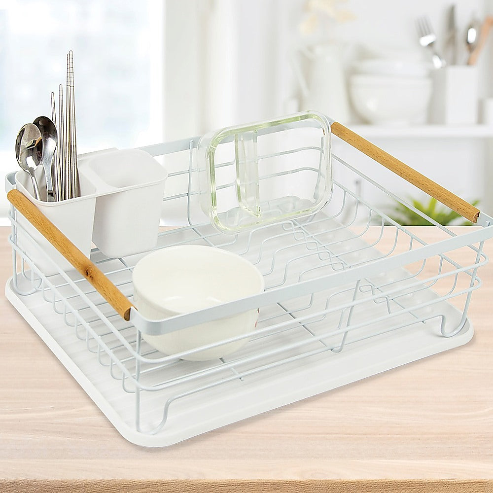 Metal Dish Drying Rack Drainboard Holder Tray Kitchen Plates Cutlery Wood Handle