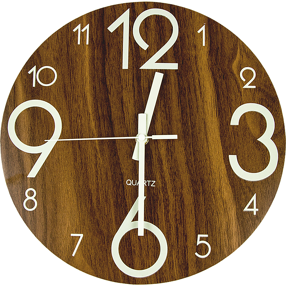 Glow In Dark Wall Clock Luminous Quartz Wooden Non Ticking Home Decor 12''/30cm