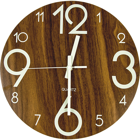 Glow In Dark Wall Clock Luminous Quartz Wooden Non Ticking Home Decor 12''/30cm