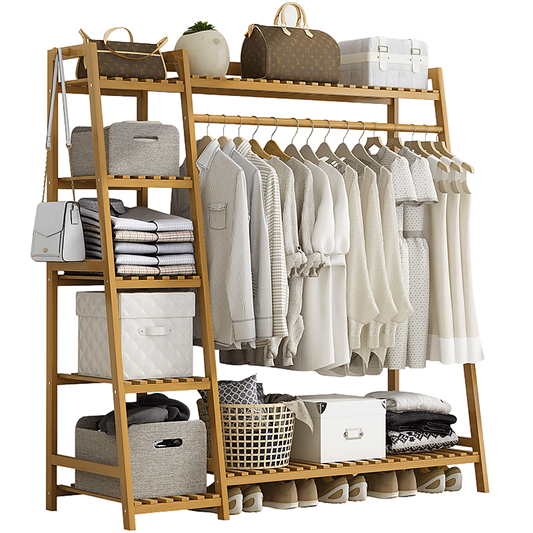 Portable Clothes Rack Coat Garment Stand Bamboo Rail Hanger Airer Closet