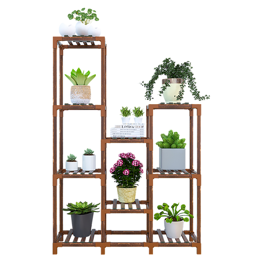 Indoor Outdoor Garden Plant Stand Planter Flower Pot Shelf Wooden Shelving - 9 Shelves