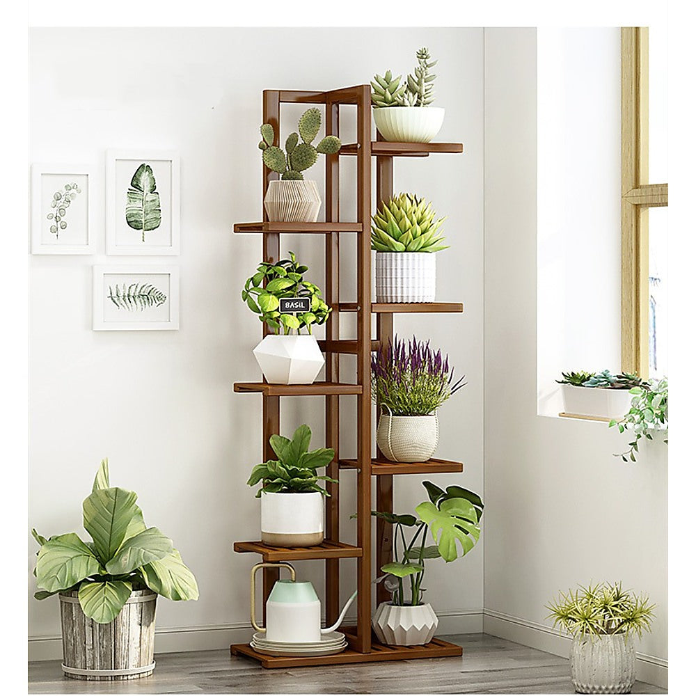 6 Tiers Vertical Bamboo Plant Stand Staged Flower Shelf Rack Outdoor Garden