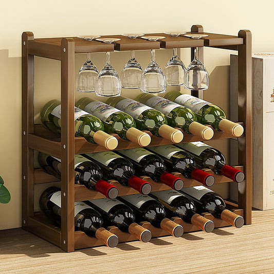 Wine Rack Free Standing 15 Bottles with 6 Glasses Holder Bamboo Wine Storage