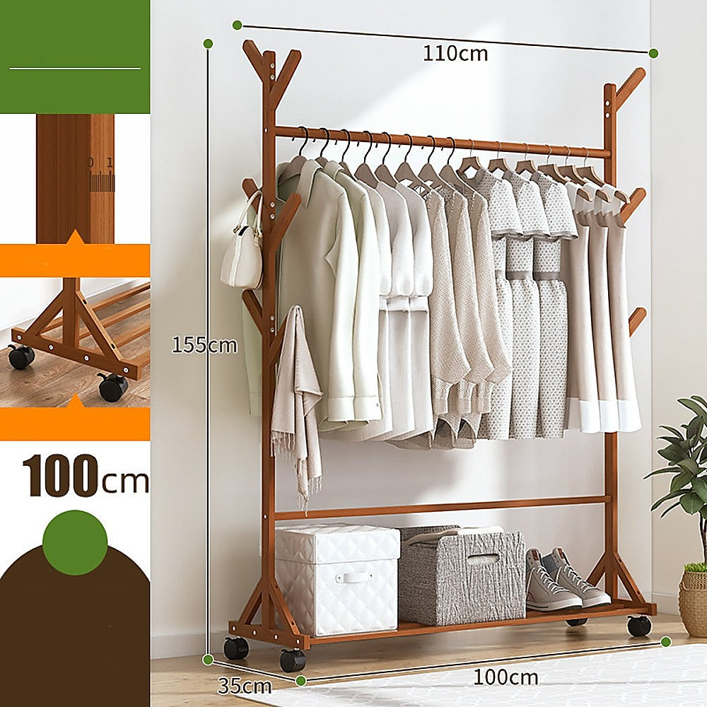 Portable Clothes Rack Coat Garment Stand Bamboo Rail Hanger Airer Closet