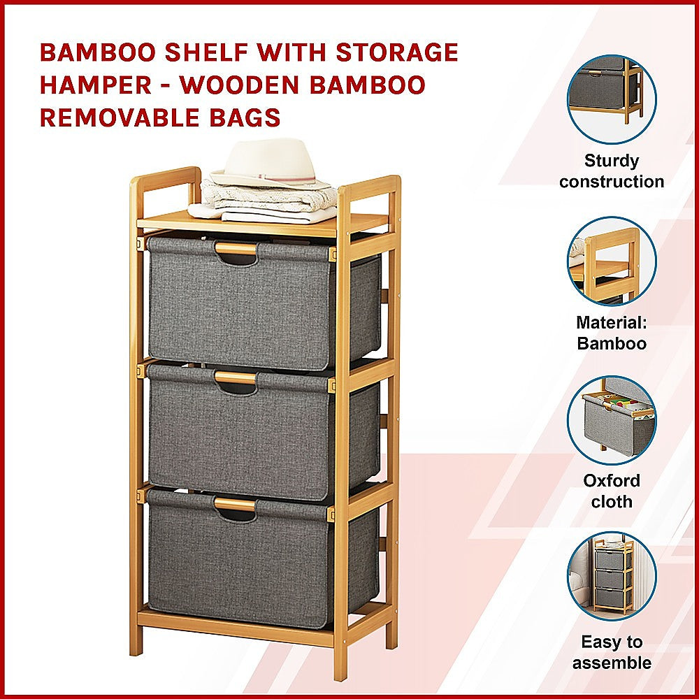 Bamboo Shelf with Storage Hamper - Wooden Bamboo Removable Bags