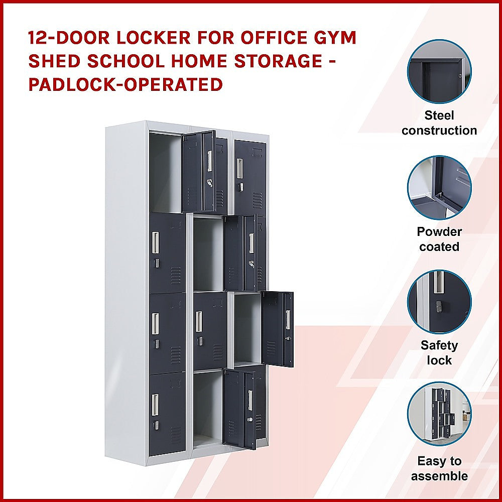 12-Door Locker for Office Gym Shed School Home Storage - Padlock-operated