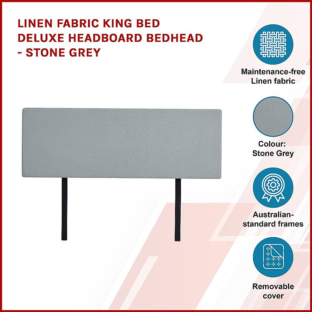 Linen Fabric King Bed Deluxe Headboard Bedhead - Stone Grey