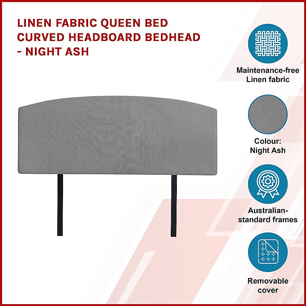 Linen Fabric Queen Bed Curved Headboard Bedhead - Night Ash