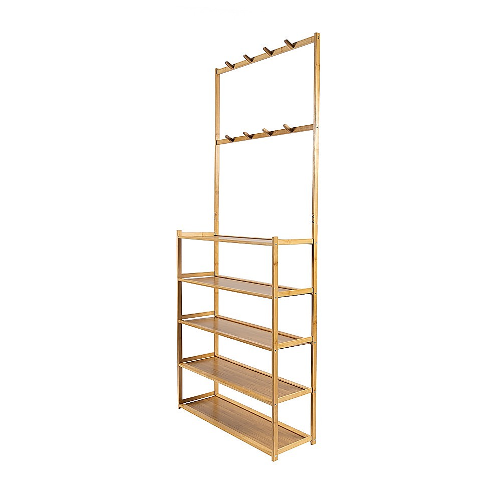 Large Wooden 5 Tiers Hat Coat Stand Clothes Shoe Rack Hanger Hooks Shelf Storage