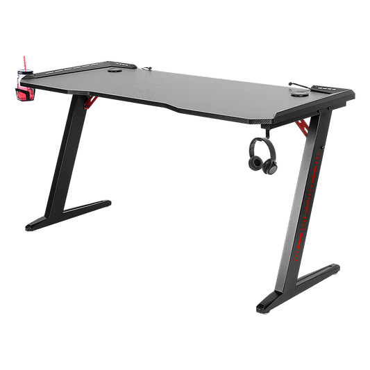 LED Gaming Desk Computer Table Adjustable w/Cup Holder Headphone Hook Cable Hole