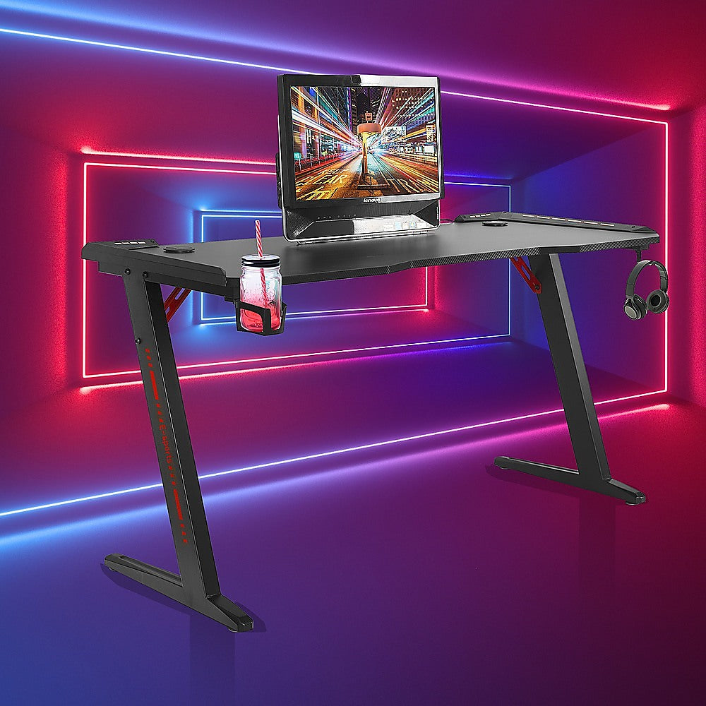 LED Gaming Desk Computer Table Adjustable w/Cup Holder Headphone Hook Cable Hole