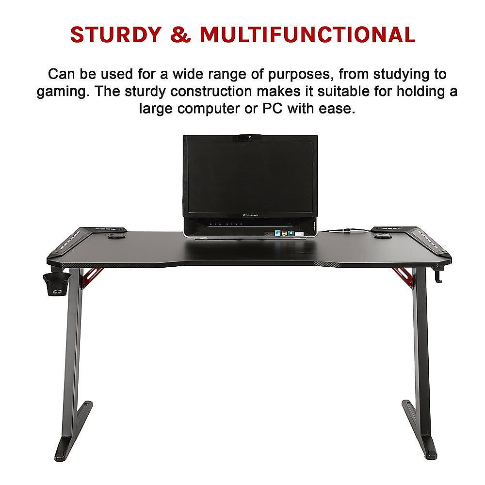 LED Gaming Desk Computer Table Adjustable w/Cup Holder Headphone Hook Cable Hole