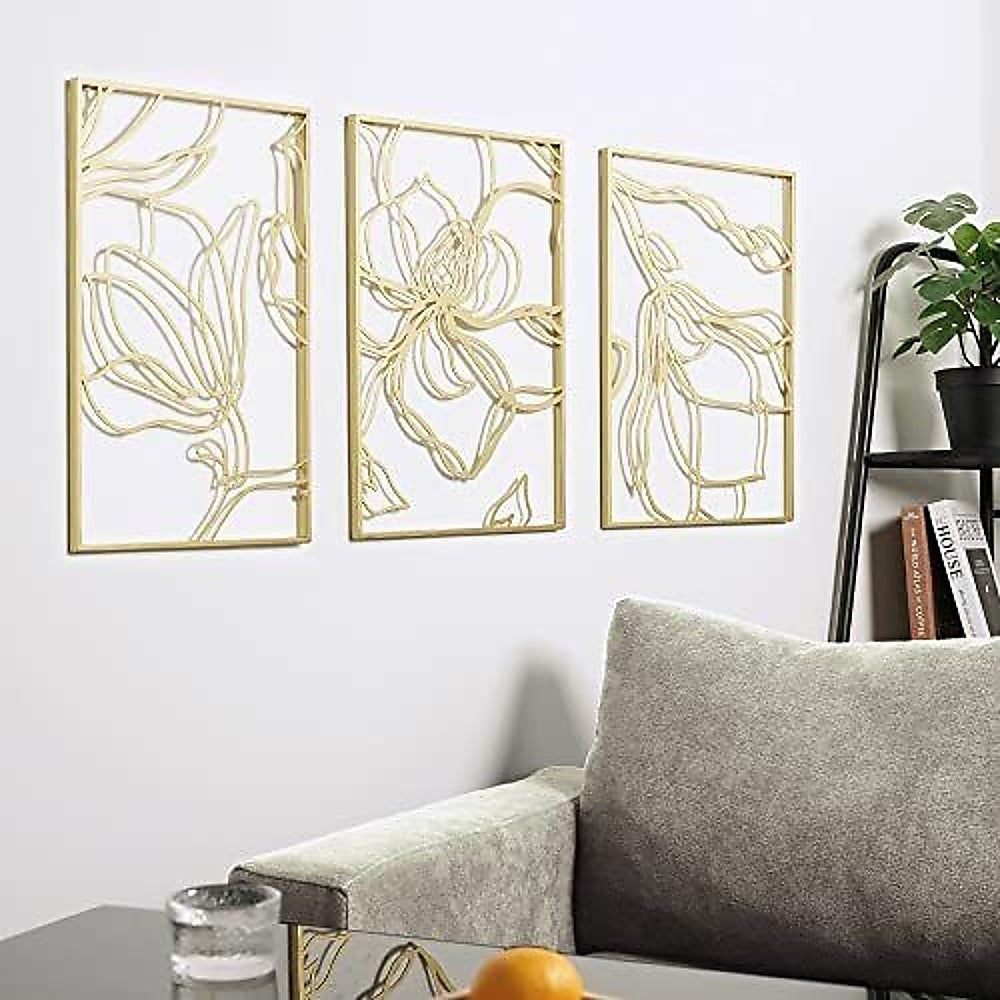 3 Piece Gold Flower Metal Wall Decor Abstract Floral Aesthetic Set of 3