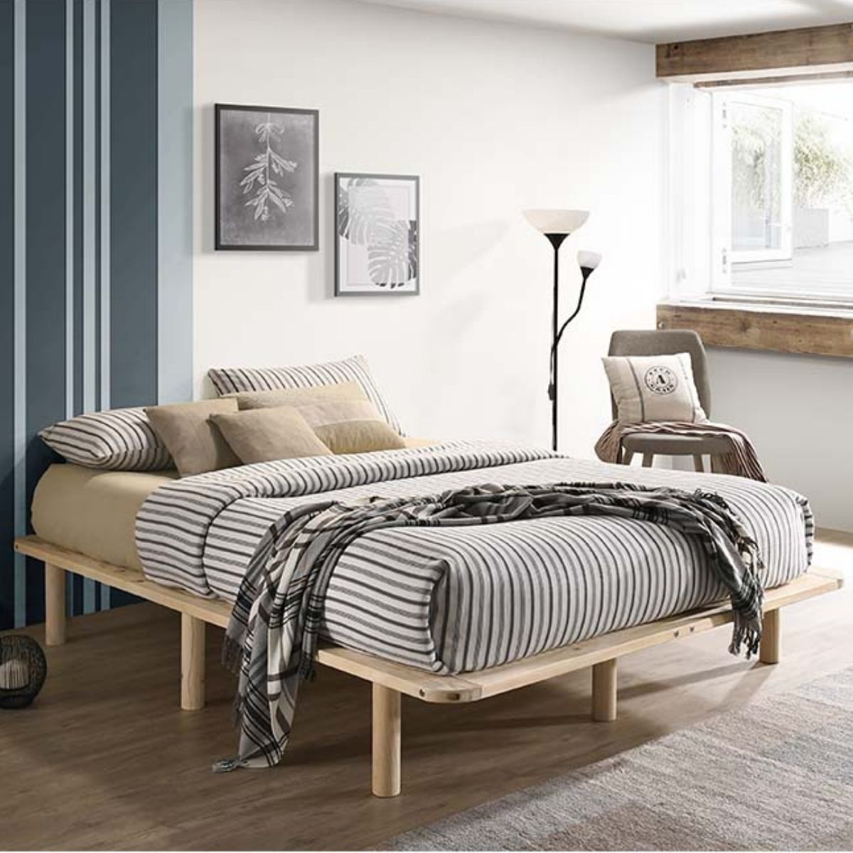 Platform Bed Base Frame Wooden Natural Double Pinewood