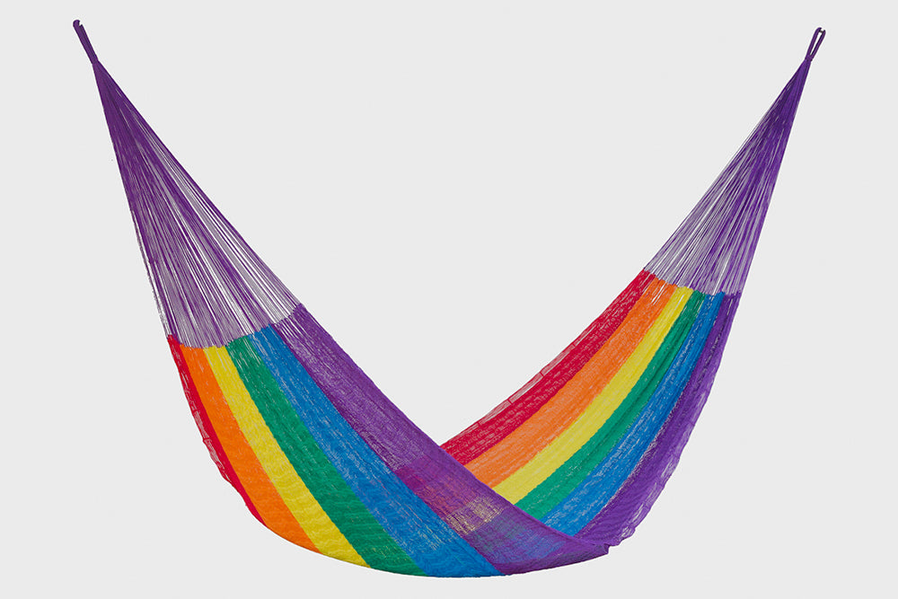 Outdoor undercover Mayan Legacy Nylon Mexican Hammock in rainbow colour