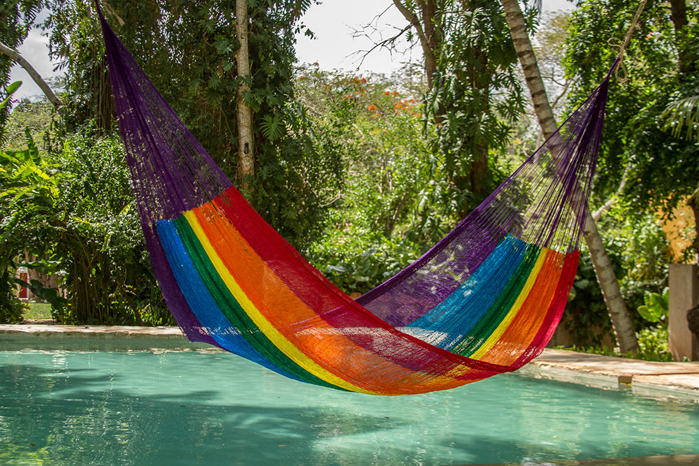 Outdoor undercover Mayan Legacy Nylon Mexican Hammock in rainbow colour