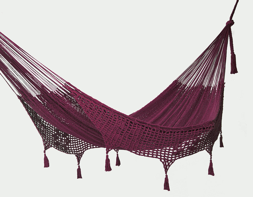 Outdoor undercover cotton Mayan Legacy hammock with hand crocheted tassels Queen Size Maroon