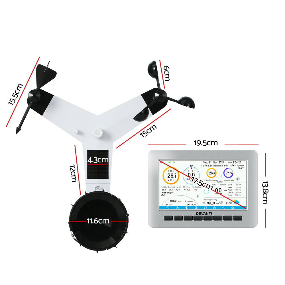 Devanti Weather Station Indoor Outdoor Wireless WiFi Rain Gauge Anemometer Solar