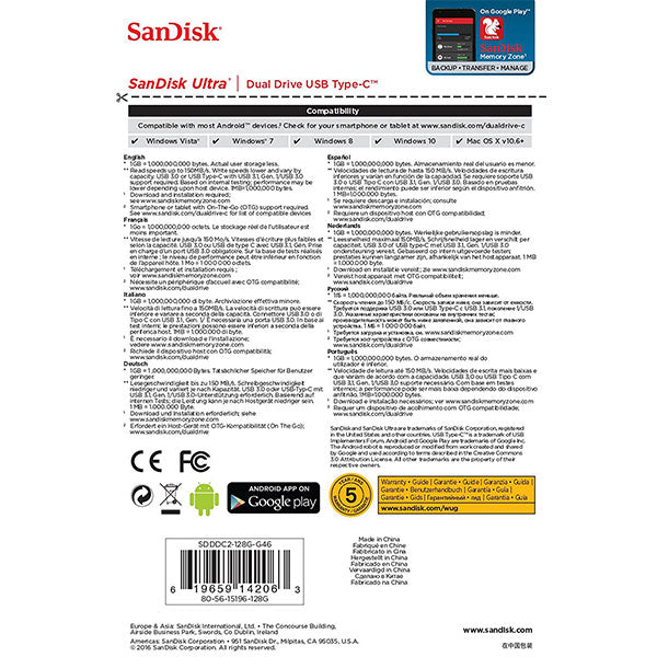 SANDISK ULTRA 128GB SDDDC2-128G Dual USB Drive Type-C 3.1