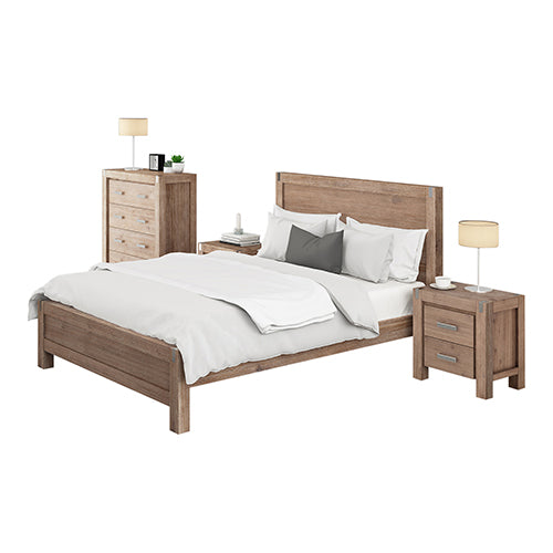 4 Pieces Bedroom Suite in Solid Wood Veneered Acacia Construction Timber Slat Single Size Oak Colour Bed, Bedside Table & Tallboy