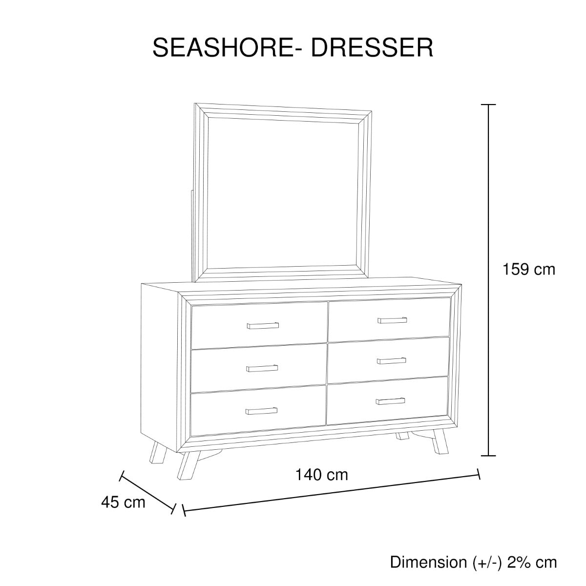 Dresser with 6 Storage Drawers in Solid Acacia With Mirror in Silver Brush Colour