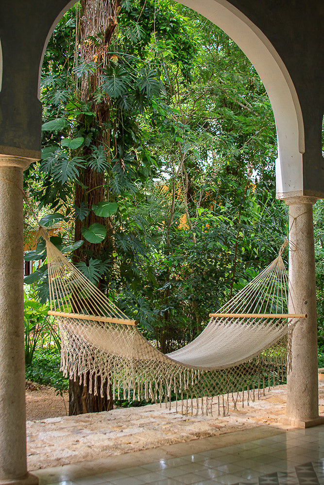 Mayan Legacy King Size Outdoor Cotton Mexican Resort Hammock With Fringe in Cream Colour