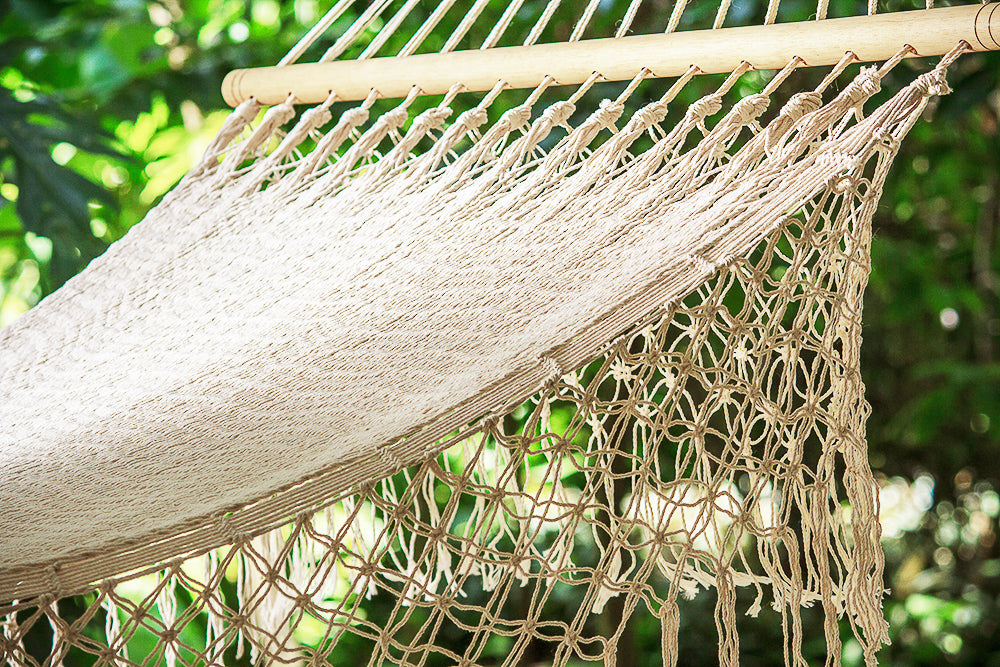 Mayan Legacy King Size Outdoor Cotton Mexican Resort Hammock With Fringe in Cream Colour