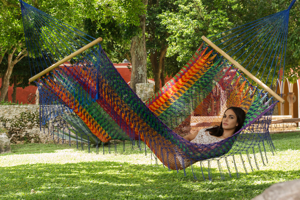 Mayan Legacy Queen Size Outdoor Cotton Mexican Resort Hammock With Fringe in Mexicana Colour