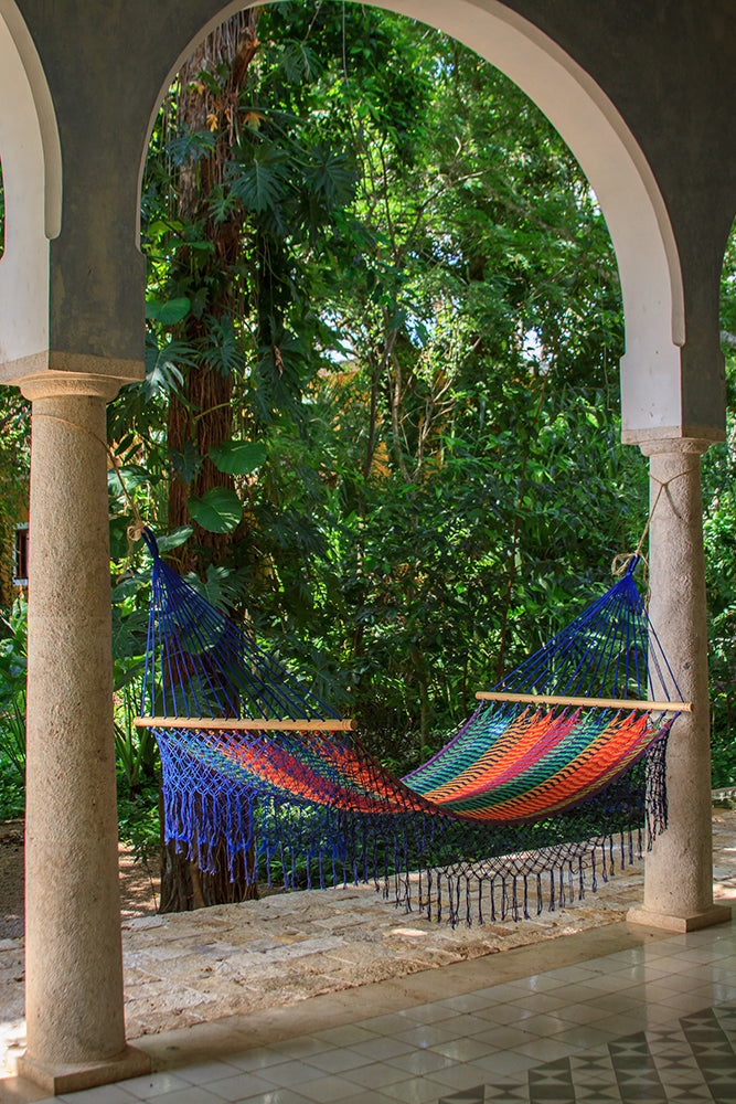 Mayan Legacy Queen Size Outdoor Cotton Mexican Resort Hammock With Fringe in Mexicana Colour