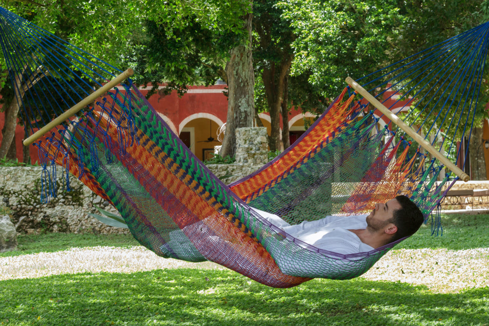 Mayan Legacy Queen Size Outdoor Cotton Mexican Resort Hammock No Fringe in Mexicana Colour