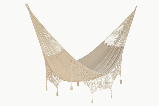 Outdoor undercover cotton Mayan Legacy hammock with hand crocheted tassels King Size Marble