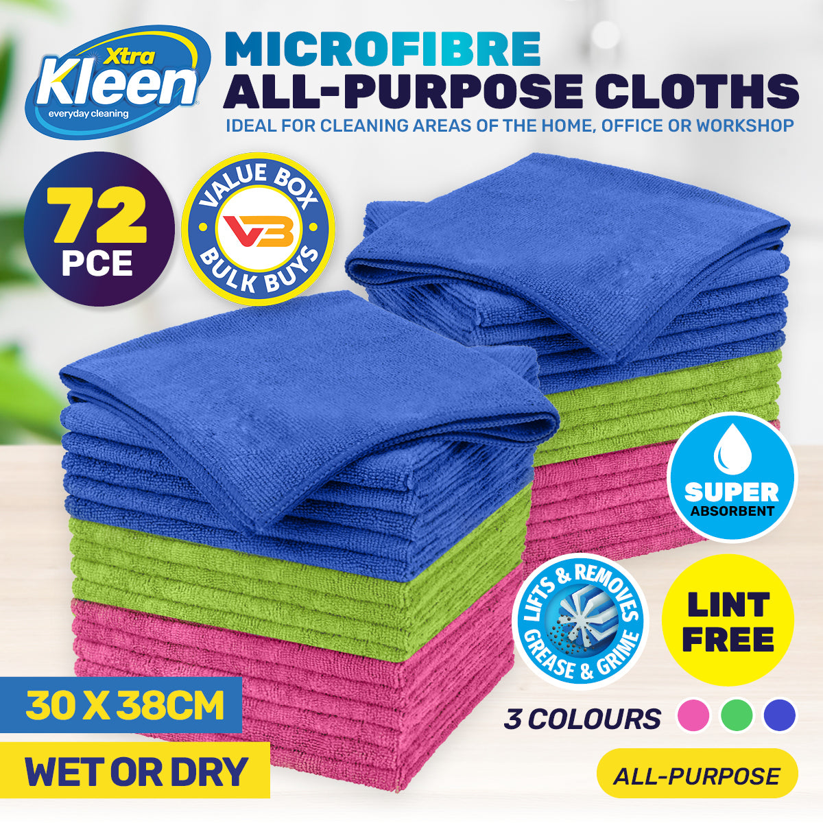 Xtra Kleen 72PCE Microfibre All Purpose Cloth Lint Free Absorbent 30 x 38cm