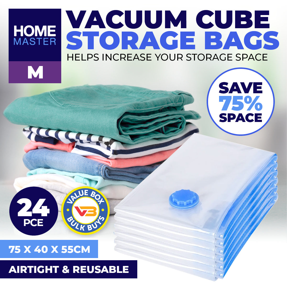 Home Master 24PCE Vacuum Storage Bags Medium Re-Usable Space Saver 55 x 75cm