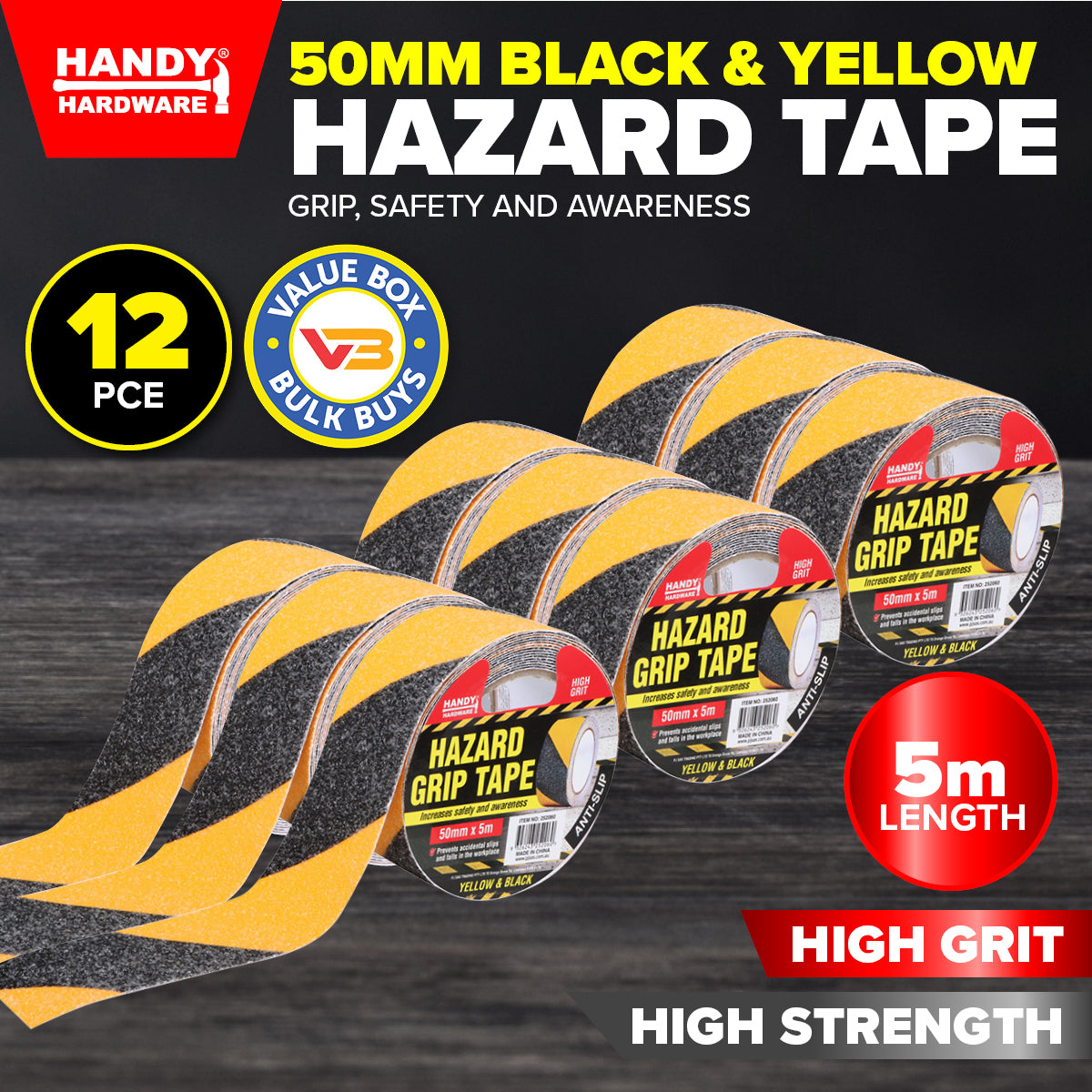 Handy Hardware 12PCE Hazard Tape High Visibility & Grip Waterproof 5m x 50mm