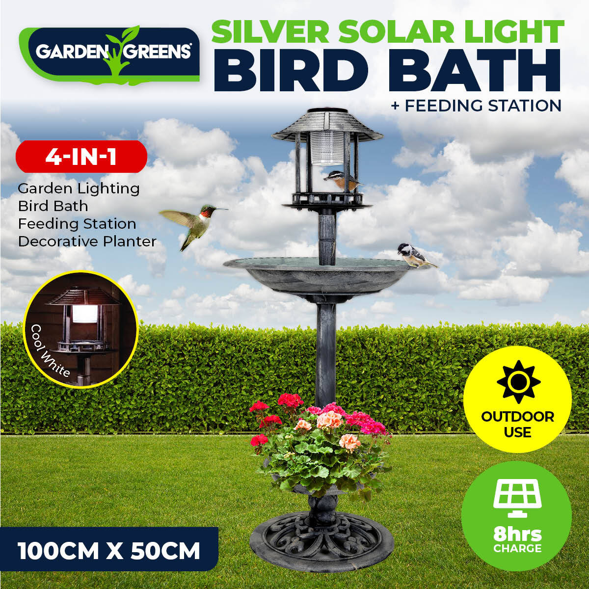 Garden Greens 1M Bird Bath Solar Power With Feeding Station and Lights