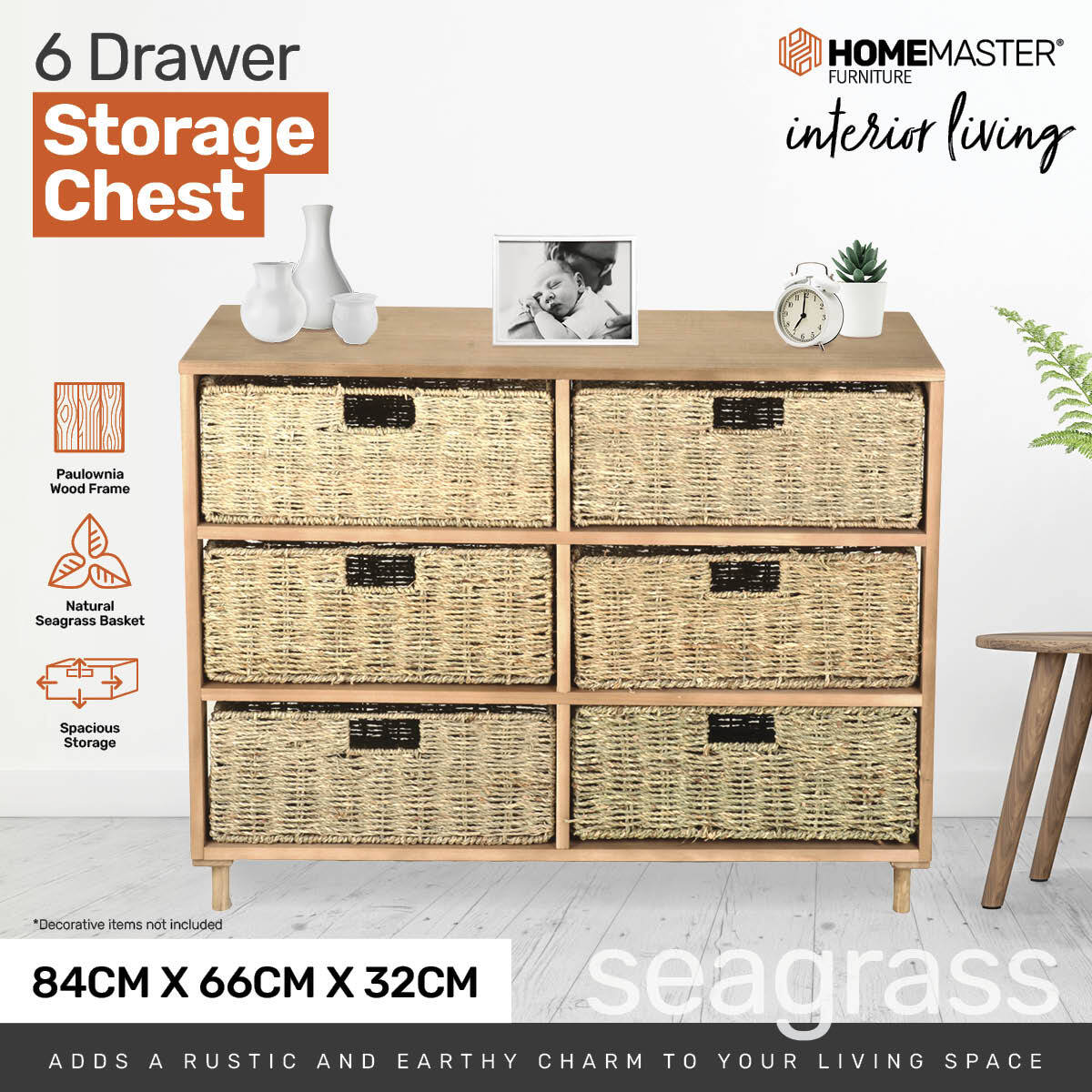 Home Master 6 Drawer Natural Seagrass Wooden Storage Chest Stylish 66cm